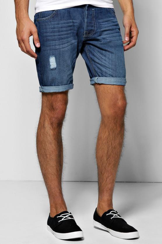Light Blue Wash Denim Shorts With Sandblast